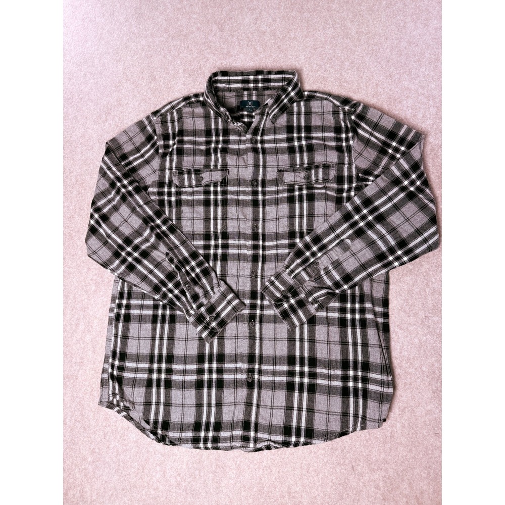 George Mens Grey Black Plaid Flannel Button Down Shirt L 42-44 Long Sleeve Cabin